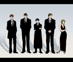  4boys auruo_bossard coat commentary_request crossed_arms dress erd_gin evening_gown female formal ghost_in_the_shell_lineup gunter_shulz hands_in_pockets letterboxed levi_(shingeki_no_kyojin) multiple_boys necktie overcoat petra_ral photoshop_(medium) shingeki_no_kyojin suit yappo_(point71) 