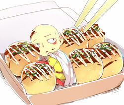  1boy bald boots cape chopsticks doudoude_dou food gloves male_focus one-punch_man saitama_(one-punch_man) solo takoyaki 