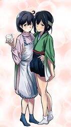  2boys ahoge alternate_costume alternate_hair_length alternate_hairstyle apron arm_around_waist black_hair black_socks blue_legwear blush bobbles bulge closed_mouth commentary_request cup doushi_tatsu_to_dekkai_no dress drinking_glass erection erection_under_clothes genderswap_(ftm) green_eyes hair_between_eyes headband highres japanese_clothes kantai_collection long_sleeves looking_at_viewer male_focus multiple_boys otoko_no_ko rule_63 skirt smile socks souryuu_(kancolle) ushio_(kancolle) white_legwear wine_glass yellow_eyes 