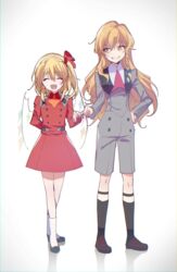  2girls alternate_costume bad_id bad_twitter_id black_footwear black_pantyhose blonde_hair blue_bow bow braid brown_footwear buttons chromatic_aberration closed_eyes commentary_request cosplay darling_in_the_franxx dress flandre_scarlet grin hair_ribbon hairbow hand_on_own_hip hiro_(darling_in_the_franxx) hiro_(darling_in_the_franxx)_(cosplay) kirisame_marisa kneehighs long_hair multiple_girls oerba_yun_fang open_mouth pantyhose red_dress red_ribbon ribbon shoes short_dress shorts side_braid smile socks standing thighhighs touhou white_socks wings yellow_eyes yuki_(popopo) zero_two_(darling_in_the_franxx) zero_two_(darling_in_the_franxx)_(cosplay) 