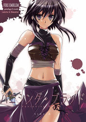  arm_wrap bandages black_hair black_shorts bridal_gauntlets character_name commentary_request copyright_name elbow_gloves female fire_emblem fire_emblem:_genealogy_of_the_holy_war gloves larcei_(fire_emblem) long_skirt midriff morozumi_junka navel photoshop_(medium) purple_eyes serious short_hair shorts shorts_under_skirt side_slit skirt solo sword weapon 