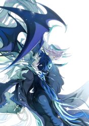  1boy bad_id bad_pixiv_id blue_eyes blue_hair blue_horns blush chains chevalier_(elsword) ciel_(elsword) cloak demon_girl demon_horns demon_wings elsword female highres horns hug ishtar_(elsword) long_hair luciela_r._sourcream mellchi pointy_ears shoulder_guard star-shaped_pupils star_(symbol) symbol-shaped_pupils very_long_hair white_hair wings 