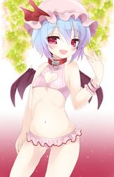  bat_wings bikini blue_hair choker clothing_cutout commentary_request female flat_chest hat heart_cutout kokorominton light_purple_hair midriff navel oerba_yun_fang open_mouth pink_bikini pinstripe_pattern red_eyes remilia_scarlet short_hair smile solo striped swimsuit touhou wings wrist_cuffs 