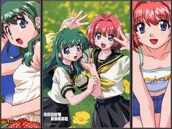  2girls artist_request blue_eyes bow flat_chest green_hair hairbow long_hair miyafuji_miina multiple_girls onegai_twins onodera_karen open_mouth red_hair school_uniform short_hair 