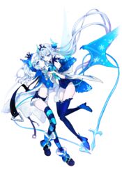  2girls bad_id bad_twitter_id blue_horns blue_legwear chiliarch_(elsword) crown demon_girl demon_horns demon_tail demon_wings elsword feather_boa fur-trimmed_jacket fur_trim highres holding_hands hood hoodie horns jacket long_hair luciela_r._sourcream mellchi multiple_girls noblesse_(elsword) snowflakes star-shaped_pupils star_(symbol) symbol-shaped_pupils tail thighhighs wings 