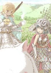  2girls armor armored_dress blonde_hair blue_eyes blue_hair commentary_request cosplay cup drill_hair field gauntlets gun helmet katana kyuubee magical_musket mahou_shoujo_madoka_magica mahou_shoujo_madoka_magica_(anime) miki_sayaka multiple_girls oktavia_von_seckendorff oktavia_von_seckendorff_(cosplay) open_mouth smile steam sword teacup tomoe_mami twin_drills twintails weapon yellow_eyes yoshinogai 