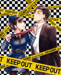  1boy :o adjusting_clothes adjusting_necktie angry bad_id bad_pixiv_id belt black_hair black_legwear blazer blue_skirt blunt_bangs blush brown_eyes buttons caution_tape checkered_background commentary_request cowboy_shot cuffs dress_shirt dressing_another english_text eye_contact female formal gun hair_bun hair_up handcuffs handgun hat holster jacket kamen_rider kamen_rider_drive_(series) keep_out kotono long_sleeves looking_at_another loose_belt necktie necktie_grab neckwear_grab nervous open_clothes open_jacket outline pants pantyhose pleated_skirt police police_hat police_uniform policewoman profile shijima_kiriko shirt shouting single_hair_bun skirt standing striped suit sweatdrop tomari_shinnosuke uniform v-shaped_eyebrows weapon white_shirt wing_collar 