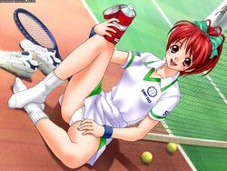  blue_wrist_band brown_eyes casual_romance_club houkago_ren-ai_club panchira plaid_hair_ribbon red_hair spread_legs tennis_balls tennis_court tennis_racket tennis_shoes water_bottle white_socks 