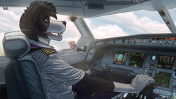  16:9 2017 airbus airbus_a340 aircraft airplane anthro aviation biped black_body black_fur black_nose border_collie bottomwear brown_eyes canid canine canis captain chair clothed clothing cloud cockpit collie day detailed_background digital_media_(artwork) domestic_dog eyebrows fighterjet flying fur furniture hair herding_dog inside_airplane male mammal multicolored_body multicolored_fur necktie open_mouth pants pastoral_dog pilot seat sheepdog shirt sitting sky smile solo teeth tongue topwear two_tone_body two_tone_fur uniform vehicle white_body white_fur widescreen window 