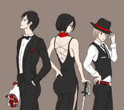  2boys armin_arlert bad_id bad_pixiv_id belt bouquet bow bowtie dress eren_yeager female flower formal hand_in_pocket hand_on_own_hip hat mikasa_ackerman multiple_boys photoshop_(medium) red_flower red_rose rose shingeki_no_kyojin suit sword top_hat traditional_bowtie vest weapon yappo_(point71) 