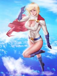  audia_pahlevi blonde_hair blue_sky boots breasts cape cleavage cleavage_cutout cloud dc_comics female flying gloves kryptonian leotard midair power_girl red_cape short_hair sky solo superman_(series) 