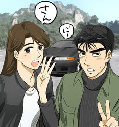  1boy akikawa_reina black_hair black_jacket brown_hair car clenched_teeth commentary_request day female green_jacket hand_up initial_d iz_o jacket jewelry long_hair motor_vehicle nakazato_takeshi necklace nissan nissan_skyline nissan_skyline_r32 open_clothes open_jacket open_mouth outdoors ribbed_sweater shirt speech_bubble sweatdrop sweater teeth thick_eyebrows trait_connection wangan_midnight white_shirt 