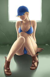  ass bare_shoulders bikini blonde_hair blue_bikini blue_eyes breasts cap cleavage collarbone feet female female highres jill_valentine large_breasts legs long_hair looking_at_viewer ponytail resident_evil resident_evil_5 sandals sitting smile solo sweat swimsuit thighs thor_(deep_rising) toes window 