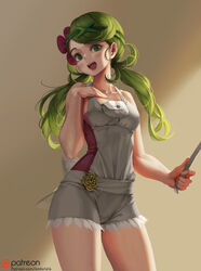  :d alternate_skin_color bare_arms bare_shoulders blush breasts clover collarbone commentary_request cowboy_shot female flower four-leaf_clover green_eyes green_hair hair_flower hair_ornament head_tilt holding ladle letdie1414 long_hair looking_at_viewer low_twintails mallow_(pokemon) medium_breasts open_mouth overalls patreon_logo patreon_username photoshop_(medium) pink_skirt pokemon pokemon_sm shirt skirt sleeveless sleeveless_shirt smile solo standing teeth twintails watermark web_address 