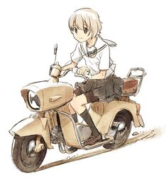  bike_shorts black_skirt black_socks blonde_hair blouse brown_eyes brown_footwear commentary_request female full_body kneehighs knees_together_feet_apart loafers motor_vehicle motorcycle nagatsuki_misoka original pleated_skirt riding sailor_collar school_uniform serafuku shirt shoes short_hair shorts shorts_under_skirt simple_background sitting skirt smile socks solo white_background white_sailor_collar white_shirt 