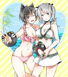  2girls bad_id bad_pixiv_id bikini bikini_skirt black_hair blue_eyes bracelet breasts ciel_alencon cleavage commentary_request god_eater god_eater_2:_rage_burst green_eyes hair_rings hanafuda_yatsuwo jewelry kouzuki_nana large_breasts midriff multiple_girls navel red_eyes short_hair swimsuit twintails v 