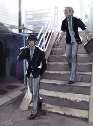  2boys bad_id bad_pixiv_id black_hair blazer blonde_hair final_fantasy final_fantasy_xv isakawa_megumi jacket male_focus multiple_boys necktie noctis_lucis_caelum prompto_argentum school_uniform stairs suitcase 