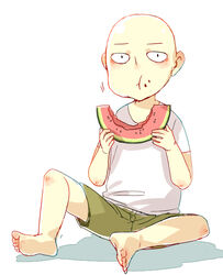  1boy bald doudoude_dou food fruit male_focus one-punch_man saitama_(one-punch_man) sitting solo watermelon 