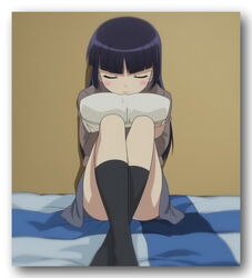  beauty_mark black_hair black_socks blush checkard_bedsheet closed_eyes convenient_censor embracing_pillow gokou_ruri knees_to_chest kuroneko long_hair ore_no_imouto_ep_13 school_uniform sitting_on_bed tease thinking 