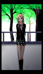  blonde_hair cellphone female green_eyes long_hair miura_yumiko ribbon school_uniform skirt socks yahari_ore_no_seishun_lovecome_wa_machigatteiru. 