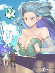  1boy 2girls ? absurdres artist_name aura barefoot big_hair blue_hair breasts breasts_squeezed_together cleavage cloud collarbone commentary_request day detached_sleeves giant giantess gran_(granblue_fantasy) granblue_fantasy has_bad_revision has_downscaled_revision highres huge_breasts jitome long_hair looking_at_viewer looking_down lyria_(granblue_fantasy) md5_mismatch multiple_girls obui outdoors pointy_ears ranguage red_eyes resolution_mismatch shaded_face signature sky solo_focus source_smaller spoken_question_mark surprised tiamat_(granblue_fantasy) translated white_sleeves 