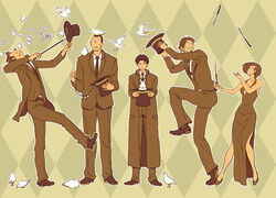  4boys argyle_background auruo_bossard bird card coat commentary_request dove dress erd_gin female formal gunter_shulz halftone knife levi_(shingeki_no_kyojin) magic_trick multiple_boys necktie overcoat petra_ral photoshop_(medium) playing_card rabbit shingeki_no_kyojin suit wand yappo_(point71) 