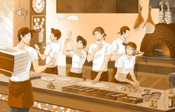  5boys :d analog_clock apron auruo_bossard backwards_hat baking bare_arms baseball_cap bell black_hair black_pants boned_meat bottle bowl box breasts brick_oven brown_hair brown_theme bulletin_board can clock commentary_request corded_phone counter cowboy_shot cradling_phone cupboard dough employee_uniform erd_gin eren_yeager facial_hair female food garlic glass goatee gunter_shulz handbell hands_up hanging_food hanging_plant hat head_tilt holding holding_pen indoors jar kitchen levi_(shingeki_no_kyojin) looking_at_another looking_back looking_up low_ponytail meat multiple_boys notepad onion open_mouth outstretched_hand oven pants peel_(tool) pen petra_ral phone photoshop_(medium) pizza pizza_box plant pointing polo_shirt profile red_apron red_hat restaurant roman_numeral shingeki_no_kyojin shirt short_sleeves sideways_hat small_breasts smile standing talking_on_phone tossing uniform waist_apron white_shirt window yappo_(point71) 