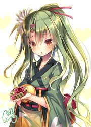  blush brown_eyes commentary_request female flower flower_knight_girl gift green_hair green_kimono hair_flower hair_ornament hairclip japanese_clothes kimono long_hair looking_at_viewer ponytail sankaku_saboten_(flower_knight_girl) solo sorimura_youji 