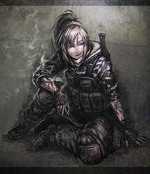  blonde_hair bulletproof_vest female fingerless_gloves hetza_(hellshock) suzumi_(hetza) tattoo 