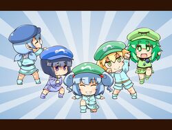  5girls :d ^_^ alternate_costume bad_id bad_pixiv_id black_hair blonde_hair blue_hair chibi closed_eyes commentary_request dark_haired_kappa dragon_ball dragon_ball_z eyeball ginyu_force_pose glasses glasses_kappa green_eyes green_hair grin group_pose hair_bobbles hair_ornament hat jinnouchi_akira kappa_mob_(touhou) kawashiro_nitori key komeiji_koishi multiple_girls odd_one_out open_mouth outstretched_arms parody purple_eyes ribbon short_hair skirt smile standing third_eye touhou two_side_up 