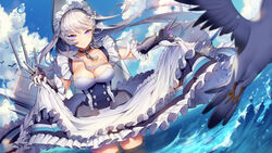  apron azur_lane bad_id bad_pixiv_id belfast_(azur_lane) bird breasts carchet chains cleavage clothes_lift collar dress female frilled_dress frills gloves highres large_breasts long_hair looking_at_viewer machinery maid maid_apron maid_headdress mamima purple_eyes seagull skirt skirt_lift smile solo standing turret wading water_drop white_hair 