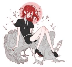  1other androgynous cinnabar_(houseki_no_kuni) commentary_request crying crying_with_eyes_open eogo_(mopidona) gem_uniform_(houseki_no_kuni) highres houseki_no_kuni looking_at_viewer mercury_(element) necktie other_focus red_eyes red_hair sad short_hair shorts solo tears uniform 