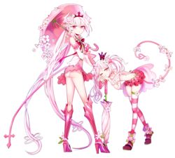  2girls ass bad_id bad_twitter_id cherry_blossoms chiliarch_(elsword) crown demon_girl demon_horns demon_tail elsword flower high_heels highres holding horns long_hair luciela_r._sourcream mellchi multiple_girls noblesse_(elsword) pink_horns smile star-shaped_pupils star_(symbol) symbol-shaped_pupils tail umbrella 