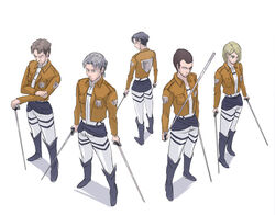  4boys auruo_bossard boots brown_hair commentary_request dual_wielding emblem erd_gin female grey_hair gunter_shulz holding jacket levi_(shingeki_no_kyojin) multiple_boys paradis_military_uniform petra_ral photoshop_(medium) shingeki_no_kyojin short_hair survey_corps_(emblem) sword three-dimensional_maneuver_gear uniform weapon yappo_(point71) 