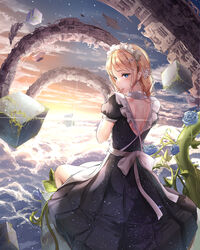  absurdres apron black_dress blonde_hair blue_eyes blue_flower braid cube dress flower from_behind hair_ornament highres long_dress long_hair looking_at_viewer looking_back maid maid_headdress md5_mismatch original pleated_dress short_sleeves sitting sky solo suigetsu_(hjs1106) white_apron 