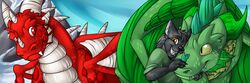  2016 amocin anthro blizzard_entertainment bookmark_design canid claws digital_media_(artwork) dragon druids_the_comic fangs feral fin fur green_body green_scales hair horn joric_(amocin) looking_at_viewer male mammal mythological_creature mythological_scalie mythology nathair_(amocin) open_mouth outside paws red_body red_scales scales scalie sky smile snow suron_(amocin) teeth tongue warcraft were werecanid wings worgen 