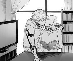  2boys bald book cyborg doudoude_dou genos kissing male_focus multiple_boys one-punch_man saitama_(one-punch_man) sitting television yaoi 