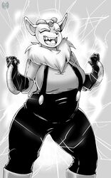  5:8 anthro archie_comics big_breasts breasts chinchilla chinchillid closed_eyes clothing cybernetics cyborg digital_media_(artwork) electricity evil_laugh female fur hi_res machine mammal open_mouth roadiesky rodent sega simple_background slightly_chubby solo sonic_the_hedgehog_(archie) sonic_the_hedgehog_(comics) sonic_the_hedgehog_(series) thunderbolt_the_chinchilla 