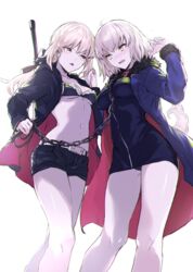  2girls ahoge artoria_pendragon_(fate) belt bikini bikini_top_only black_bikini black_dress black_jacket black_panties black_shorts blonde_hair blush bondage bondage bound breasts chains cleavage coat collar commentary_request dark_persona dress excalibur_morgan_(fate) eye_contact fate/grand_order fate_(series) frilled_bikini frills full-length_zipper fur-trimmed_coat fur_trim hood hoodie jacket jeanne_d&#039;arc_alter_(fate) jeanne_d&#039;arc_alter_(ver._shinjuku_1999)_(fate) koto_suomi legs looking_at_another maid maid_bikini medium_breasts multicolored_clothes multiple_girls navel official_alternate_costume open_clothes open_hoodie open_jacket panties pantyshot ponytail saber_alter saber_alter_(ver._shinjuku_1999)_(fate) short_dress short_hair shorts simple_background standing sweatdrop swimsuit unconventional_maid underwear white_background white_belt yellow_eyes zipper zipper_dress 