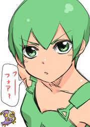  choutako foo_fighters green_eyes green_hair jojo_no_kimyou_na_bouken overalls short_hair translation_request 