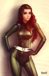  belt black_gloves bodysuit breasts catsuit commentary commission contrapposto cowboy_shot english_commentary female gloves green_eyes hair_ornament hairclip hands_on_own_hips heart lips long_hair medium_breasts nose photoshop_(medium) realistic red_hair sam_(totally_spies) solo standing totally_spies tsuaii whoop_catsuit 