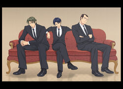  3boys commentary_request couch crossed_arms crossed_legs erd_gin formal glasses gunter_shulz levi_(shingeki_no_kyojin) male_focus multiple_boys necktie photoshop_(medium) shingeki_no_kyojin sitting suit yappo_(point71) 