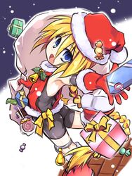  blonde_hair blue_eyes bodysuit boots braid candy christmas commentary_request female food gift girl_with_a_blonde_braid_(tomoshibi_hidekazu) gloves highres lollipop long_hair looking_back open_mouth original red_gloves sack santa_costume smile snow solo tomoshibi_hidekazu 