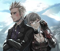  1boy adjusting_eyewear animal_print aranea_highwind armor bad_id bad_pixiv_id bespectacled black_gloves black_jacket blurry blurry_background blush borrowed_clothes breasts cleavage closed_mouth crossed_arms dated eyewear_switch female final_fantasy final_fantasy_xv frown glasses gloves green_eyes grey_hair ignis_scientia isakawa_megumi jacket large_breasts leaning_on_person leaning_to_the_side leopard_print long_hair long_sleeves looking_at_viewer looking_away medium_breasts purple_eyes shirt sidelocks signature smile straight swept_bangs upper_body white_hair 