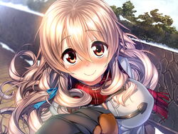  amakano blush breasts brown_eyes brown_hair coat female game_cg hoshikawa_koharu large_breasts long_hair piromizu scarf smile 