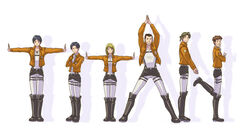  5boys arms_up auruo_bossard bad_id bad_pixiv_id black_hair blonde_hair boots brown_hair commentary_request crossed_arms erd_gin eren_yeager female gunter_shulz jacket letter_pose levi_(shingeki_no_kyojin) multiple_boys outstretched_arms paradis_military_uniform petra_ral photoshop_(medium) shingeki_no_kyojin short_hair simple_background smile spread_arms standing suspenders thigh_strap three-dimensional_maneuver_gear white_background yappo_(point71) 