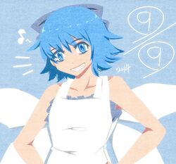  (9) alternate_costume aoshima bare_shoulders blue_eyes blue_hair bow cirno dress female grin hairbow looking_at_viewer musical_note short_hair smile solo touhou white_dress wings 