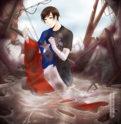  1boy axis_powers_hetalia bandages black_hair carmenmcs chile chile_(hetalia) chilean_flag earthquake flag kuraudia male_focus solo water 