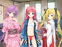  3girls blonde_hair blue_eyes braid green_eyes hair_ornament hair_ribbon happoubi_jin kanojo_x_kanojo_x_kanojo loincloth long_hair navel orifushi_akina orifushi_mafuyu orifushi_natsumi pantsu pink_hair purple_hair tagme twintails 