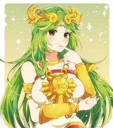  blush breasts commentary_request dress female finger_to_mouth green_eyes green_hair indisk_irio jewelry kid_icarus long_hair looking_at_viewer necklace palutena simple_background smile solo tiara very_long_hair 